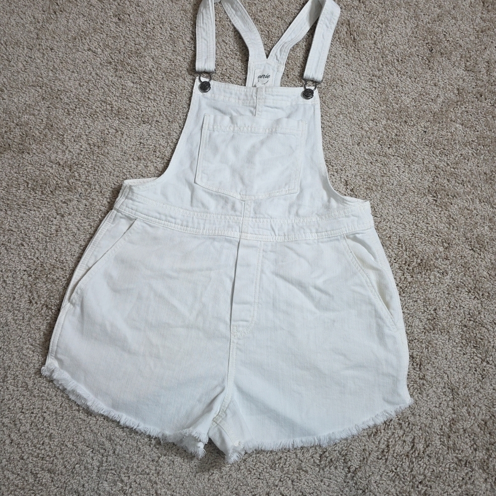 Aerie Jeans Cutoff Overalls Shortalls White Raw Hem Denim Women S/P - Picture 4 of 11